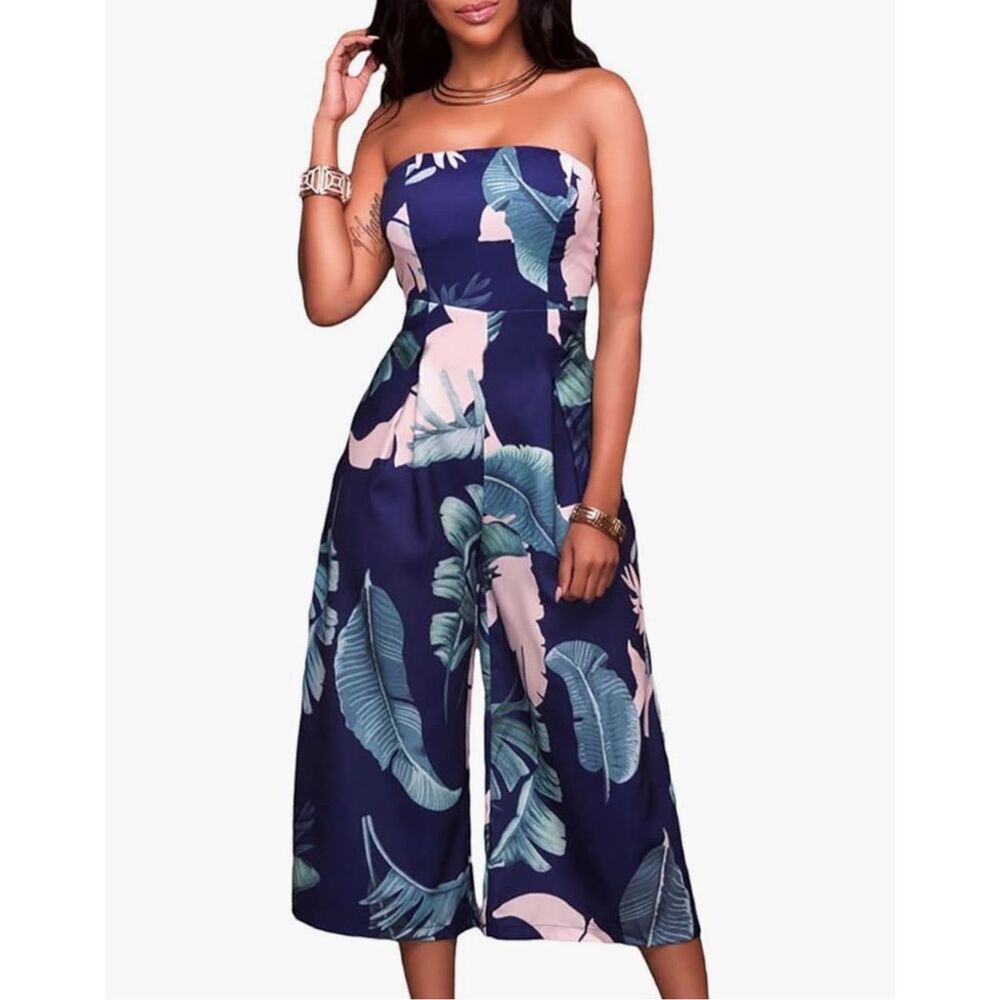 NEW Strapless Tropical Leaf Print Jumpsuit Wide Leg Crop Pant S 4/6